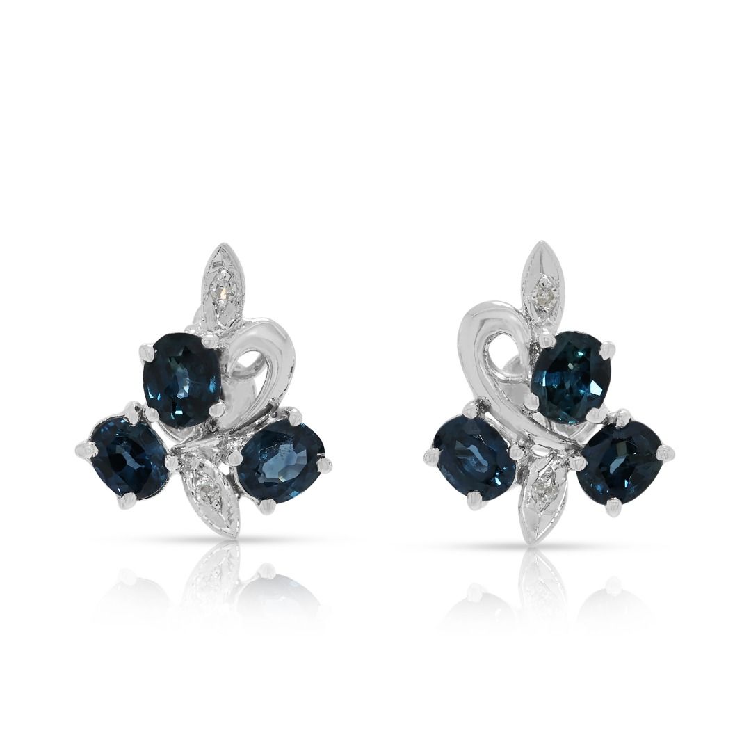 Delicate 0.62ct Sapphire & Diamond Floral Earrings in 14K White Gold