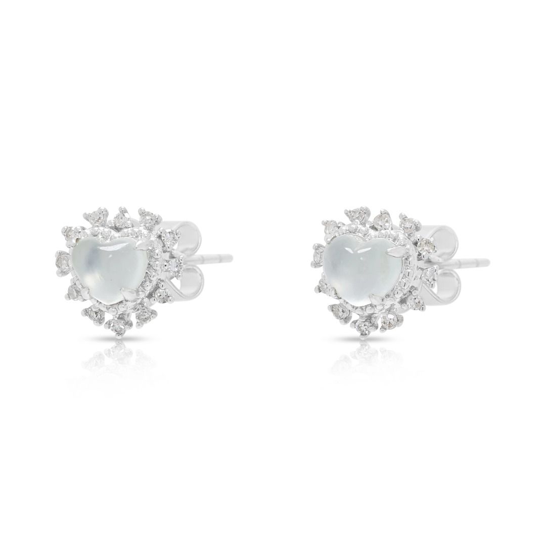 Delicate Icy Heart Jade accented with 0.07ct Diamond Stud Earrings in 18K White Gold