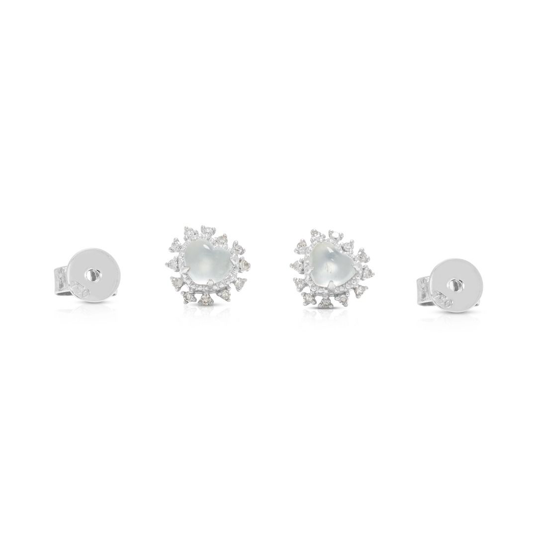 Delicate Icy Heart Jade accented with 0.07ct Diamond Stud Earrings in 18K White Gold