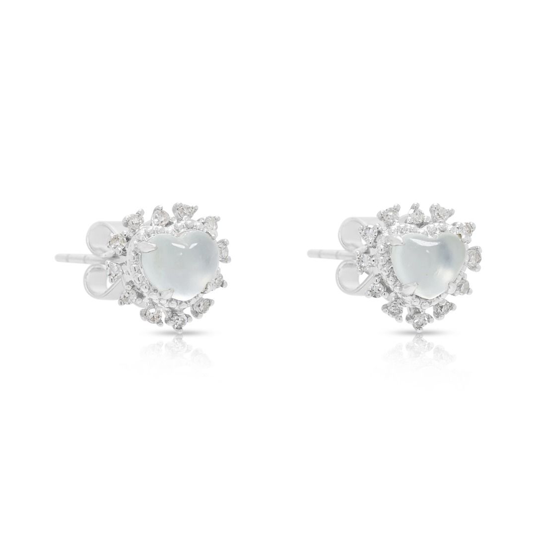 Delicate Icy Heart Jade accented with 0.07ct Diamond Stud Earrings in 18K White Gold