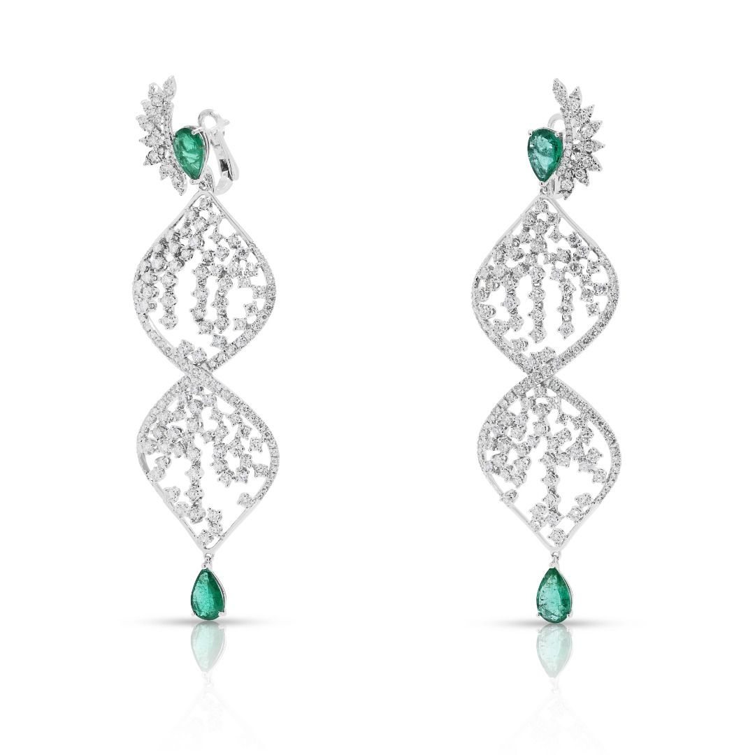 Dramatic 13.45ct Emerald & Natural Diamond Drop Earrings in 18K White Gold