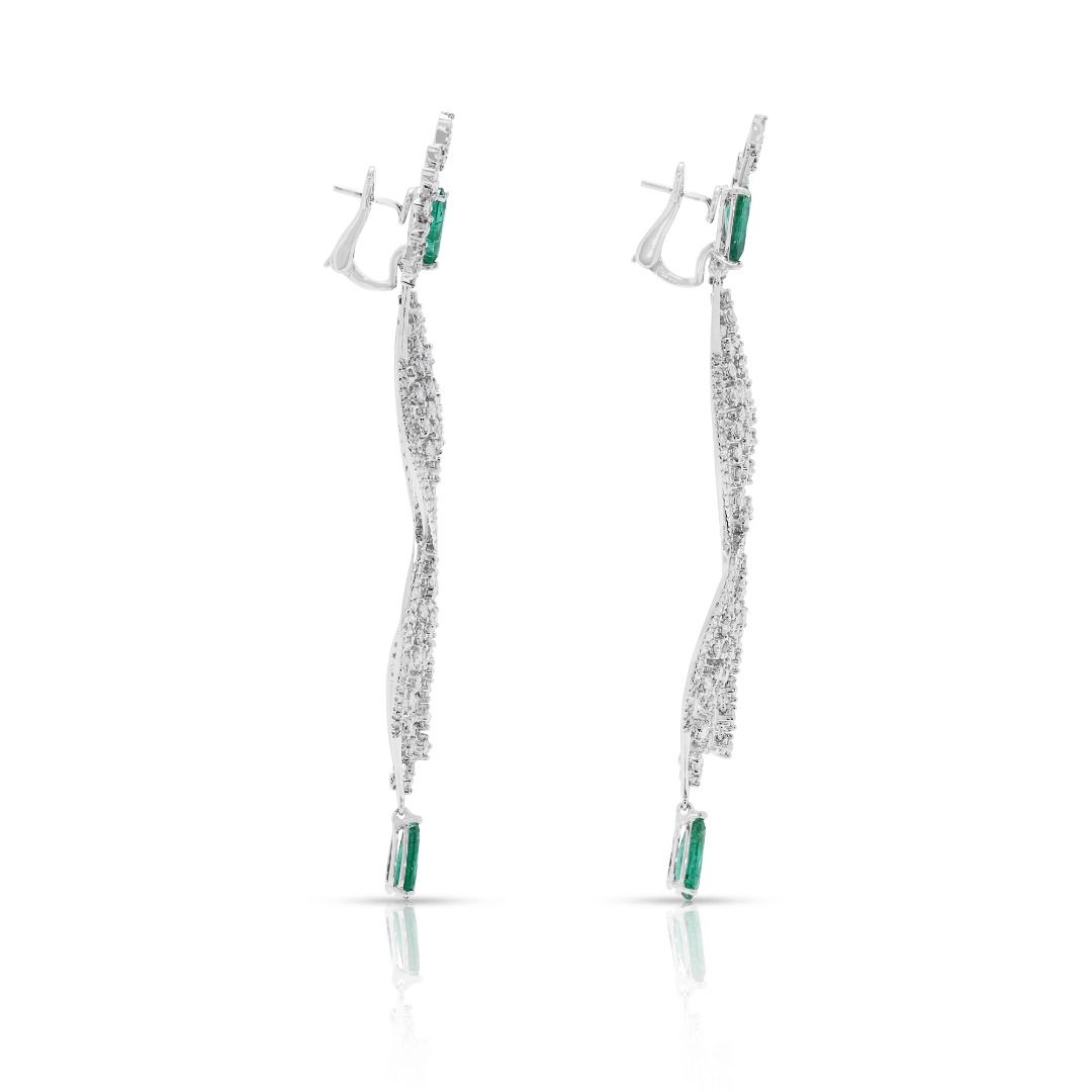 Dramatic 13.45ct Emerald & Natural Diamond Drop Earrings in 18K White Gold