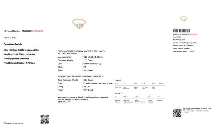 1.75 Carats IGI Certified Natural Diamond 18K Rose Gold 7-Stone Ring