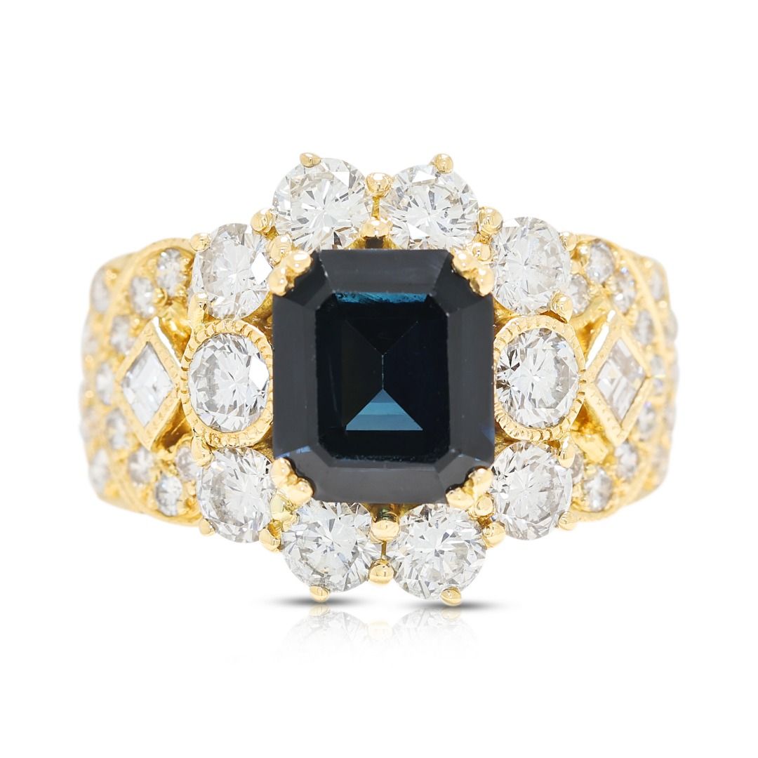 Electrifying 3.35ct Blue Sapphire and Diamond Ring in 18K Yellow Gold