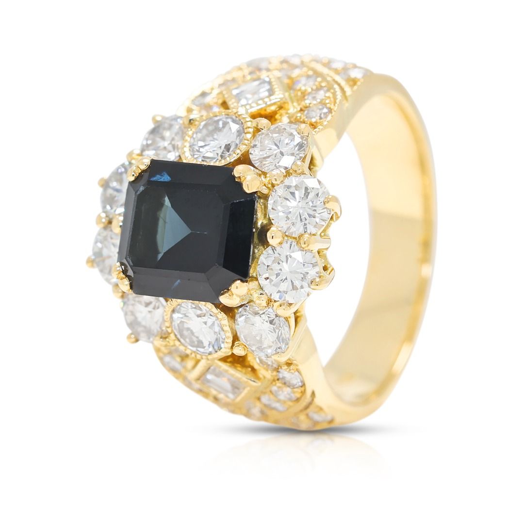 Electrifying 3.35ct Blue Sapphire and Diamond Ring in 18K Yellow Gold