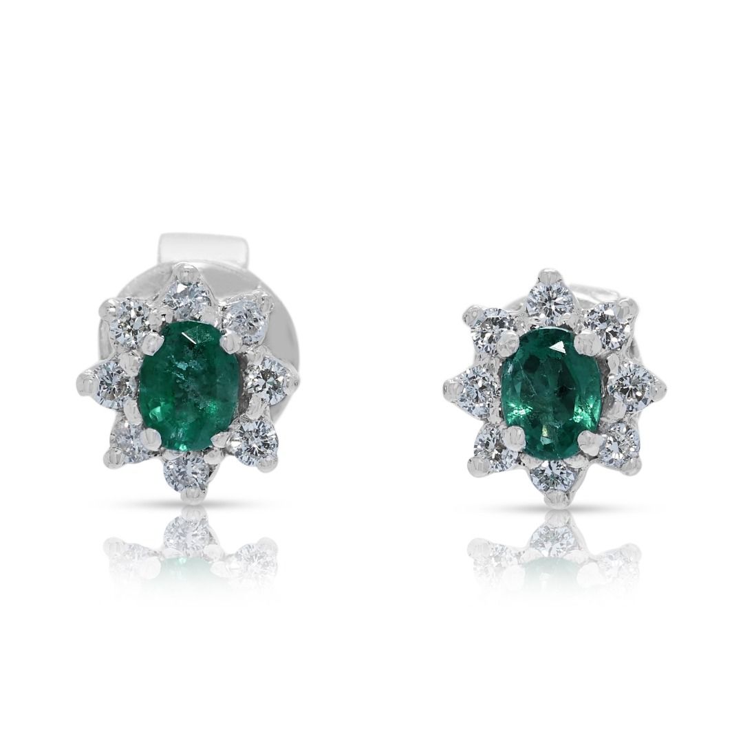 Elegant 0.30ct Emerald & Diamond Halo Studs in 18K White Gold