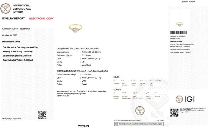 Elegant 1.00ct Diamonds Ring in 18k Yellow Gold - IGI Certified