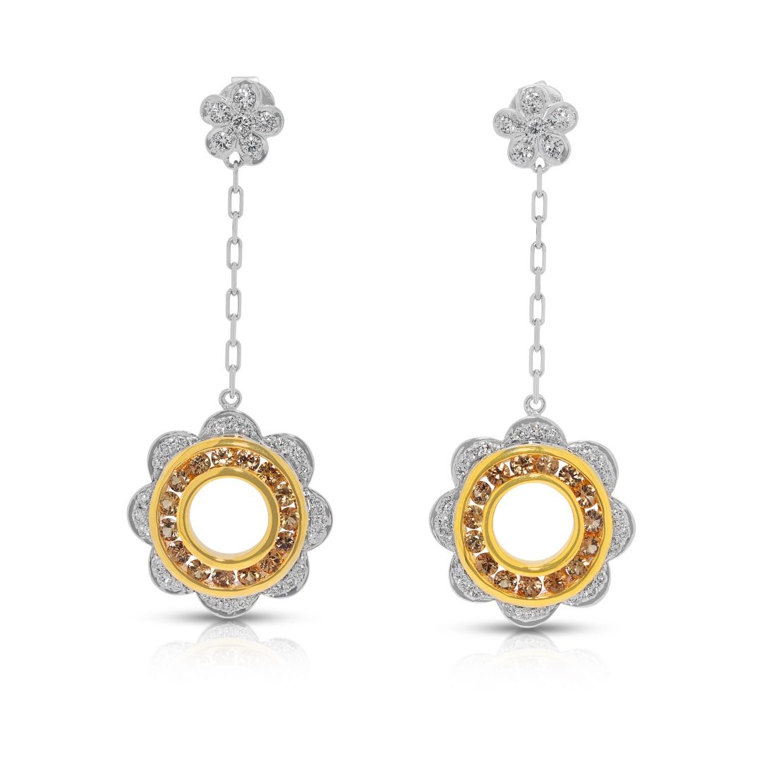 Elegant 1.05ct Yellow Sapphire and Diamond Floral Drop Earrings in 18k Two-Toned Gold by Lee Hwa