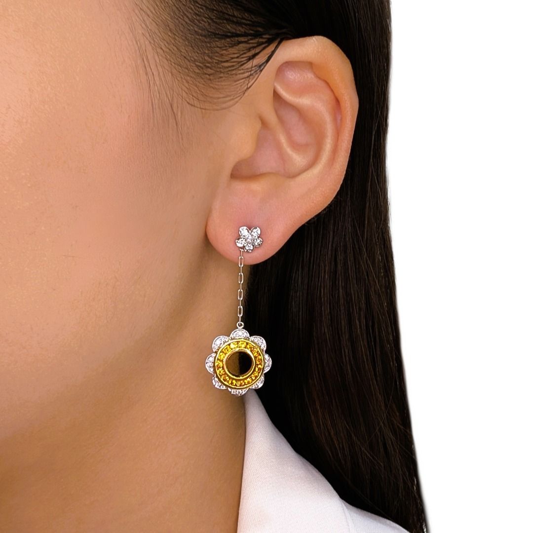 Elegant 1.05ct Yellow Sapphire and Diamond Floral Drop Earrings in 18k Two-Toned Gold by Lee Hwa