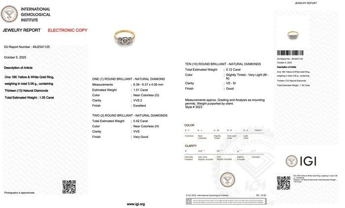 Elegant 1.55ct Diamonds 3-Stone Ring in 18k Yellow & White Gold - IGI Certified