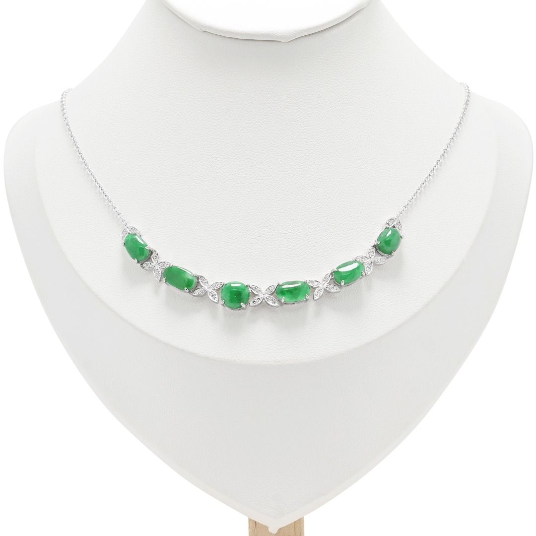 Elegant 8ct Jadeite Cabochon with 0.38ct Natural Diamonds Necklace in 18K White Gold (New) - NGI Certified