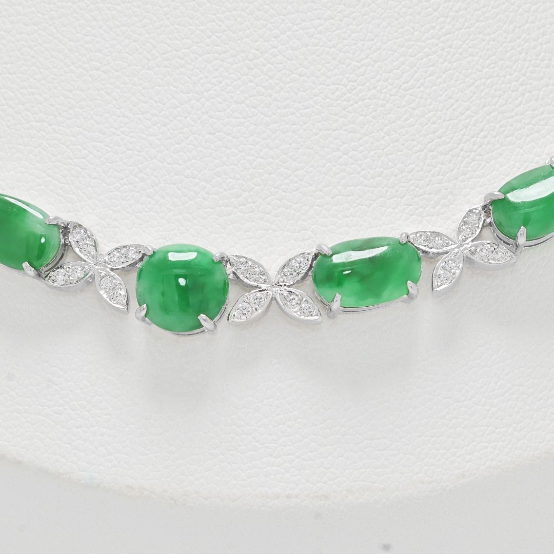 Elegant 8ct Jadeite Cabochon with 0.38ct Natural Diamonds Necklace in 18K White Gold (New) - NGI Certified