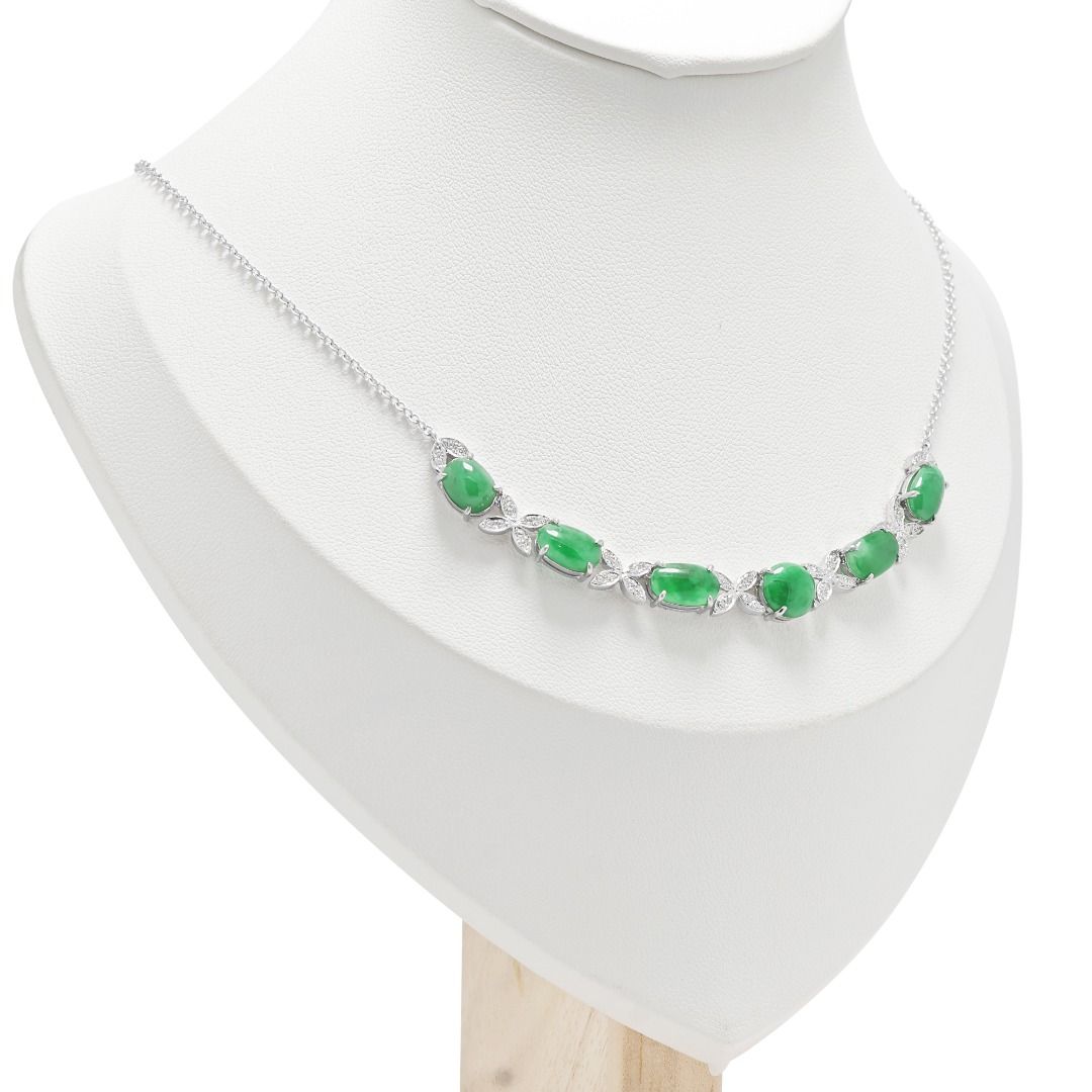 Elegant 8ct Jadeite Cabochon with 0.38ct Natural Diamonds Necklace in 18K White Gold (New) - NGI Certified
