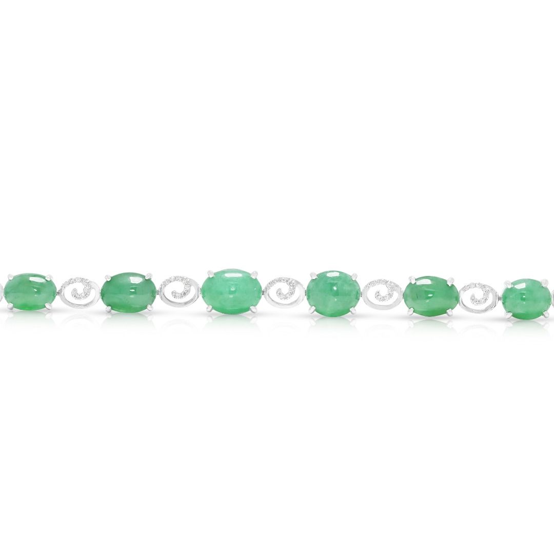 Elegantes 9-Karat-Armband aus grünem Jade-Cabochon und 0,25 Karat Diamanten in 18 Karat Weißgold mit NGI-Zertifikat