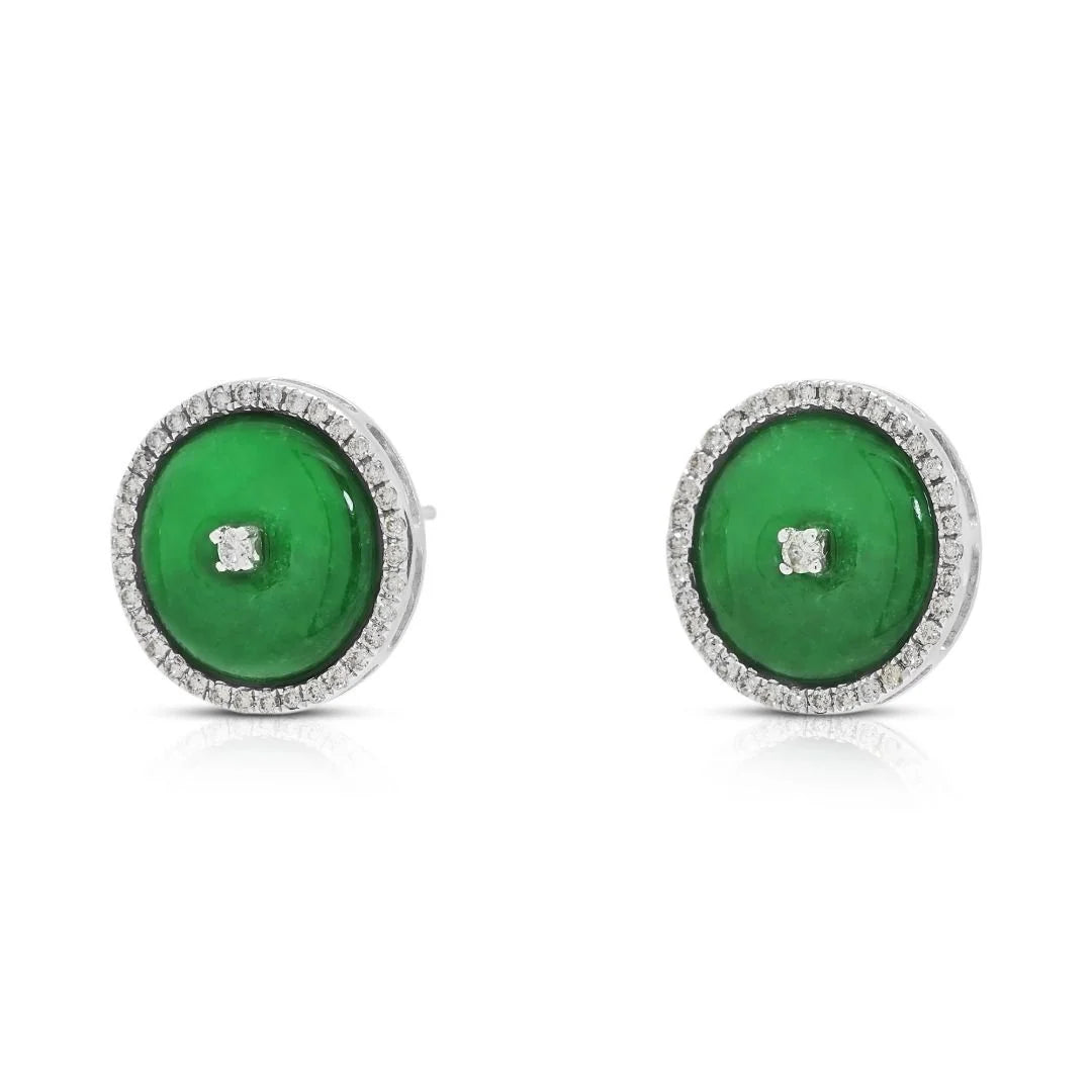 Elegant Jade & 0.23ct Diamond Halo Stud Earrings in 18K White Gold