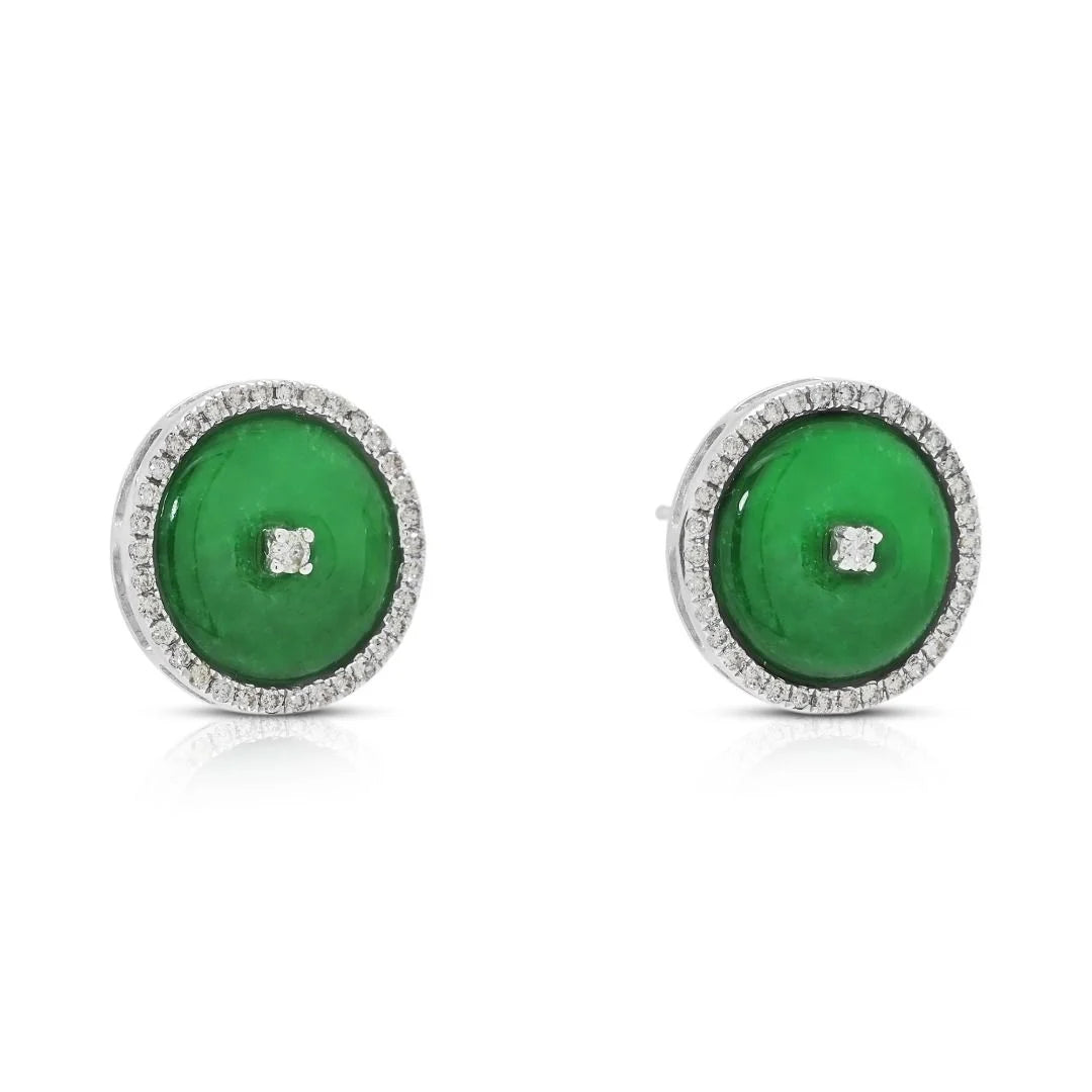 Elegant Jade & 0.23ct Diamond Halo Stud Earrings in 18K White Gold