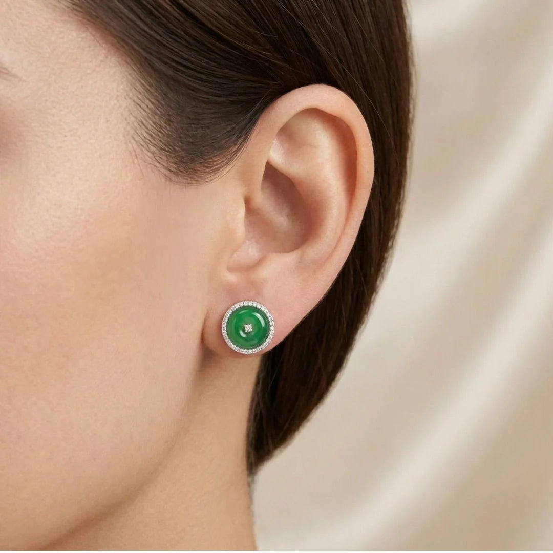 Elegant Jade & 0.23ct Diamond Halo Stud Earrings in 18K White Gold