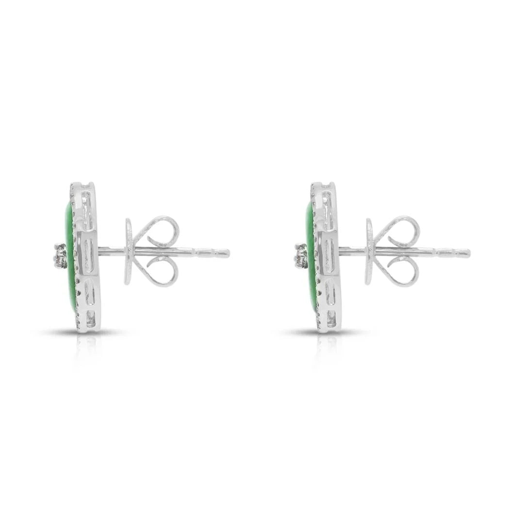 Elegant Jade & 0.23ct Diamond Halo Stud Earrings in 18K White Gold