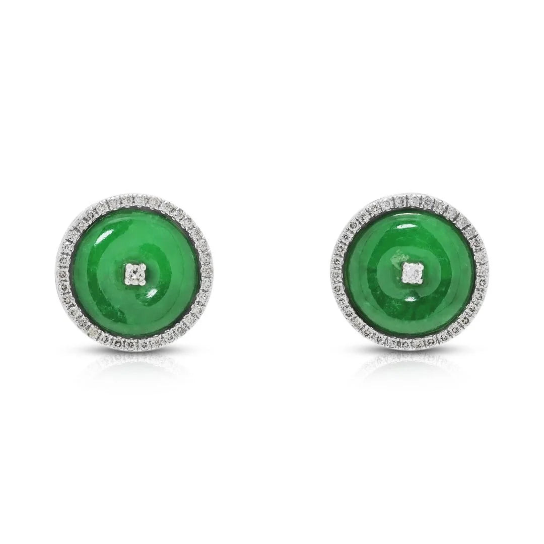 Elegant Jade & 0.23ct Diamond Halo Stud Earrings in 18K White Gold