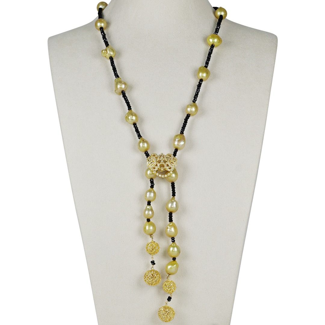 Elegant South Sea Pearl, Black Onyx & 0.40ct Natural Diamond Necklace in 18K Yellow Gold
