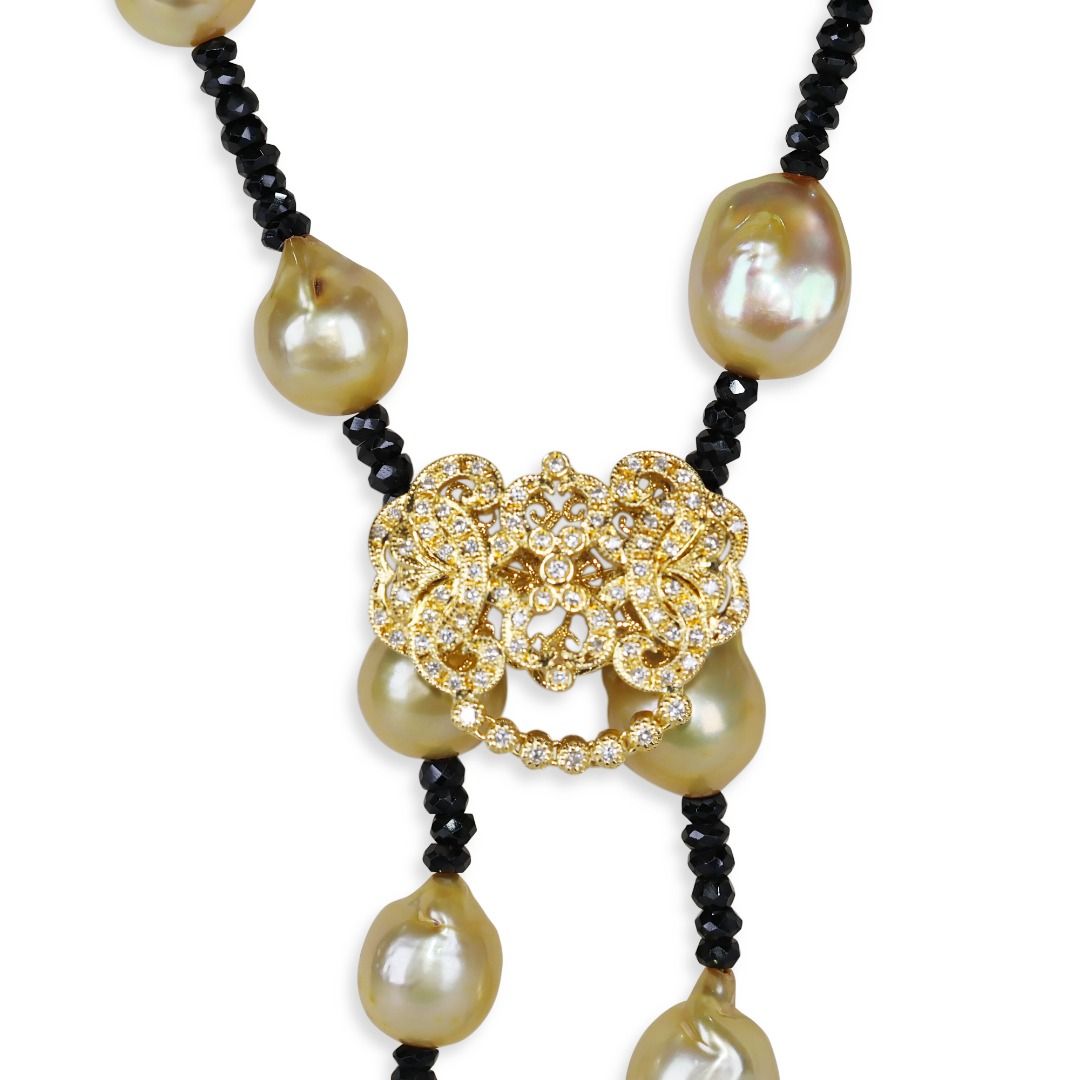 Elegant South Sea Pearl, Black Onyx & 0.40ct Natural Diamond Necklace in 18K Yellow Gold
