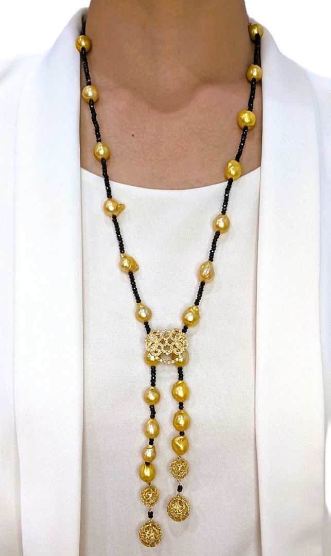 Elegant South Sea Pearl, Black Onyx & 0.40ct Natural Diamond Necklace in 18K Yellow Gold