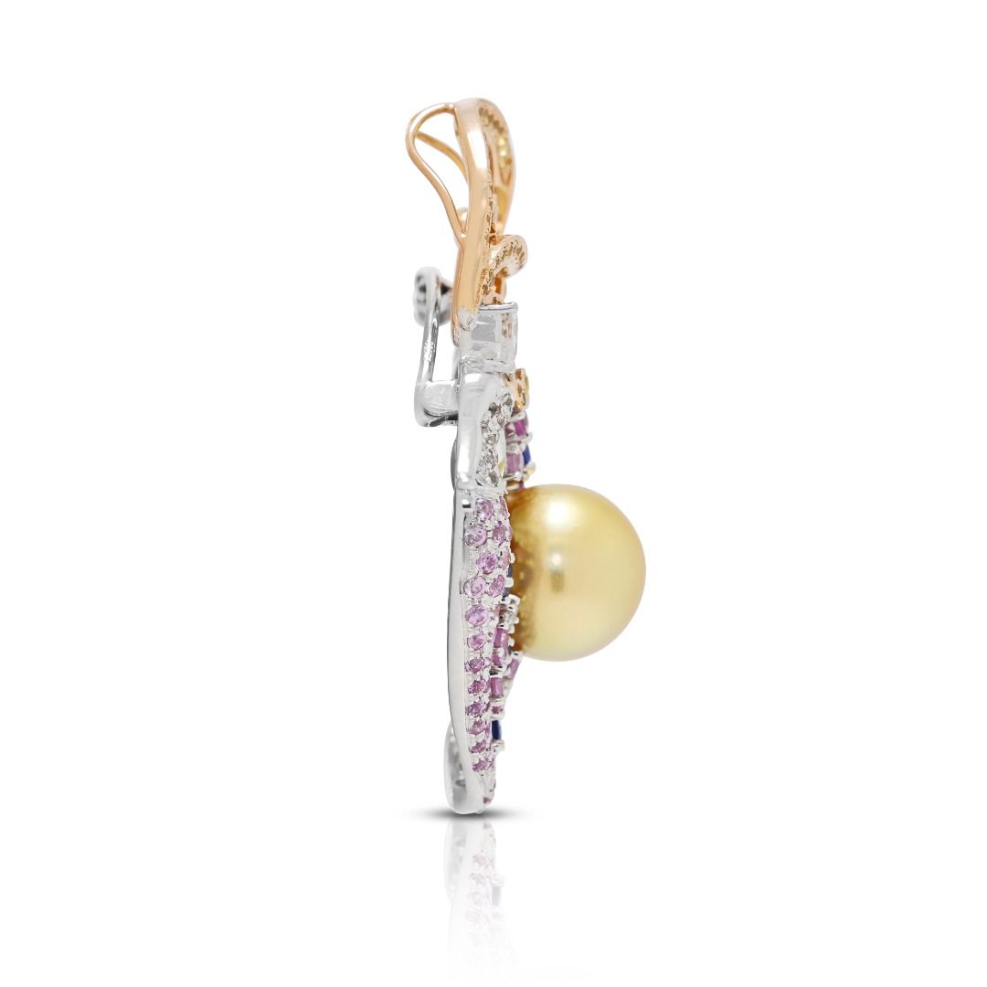 Enchanting 1.83ct Sapphire and South Sea Pearl Mermaid Pendant/Brooch in 18K Two-Tone Gold