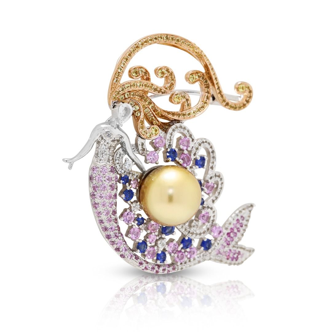 Enchanting 1.83ct Sapphire and South Sea Pearl Mermaid Pendant/Brooch in 18K Two-Tone Gold