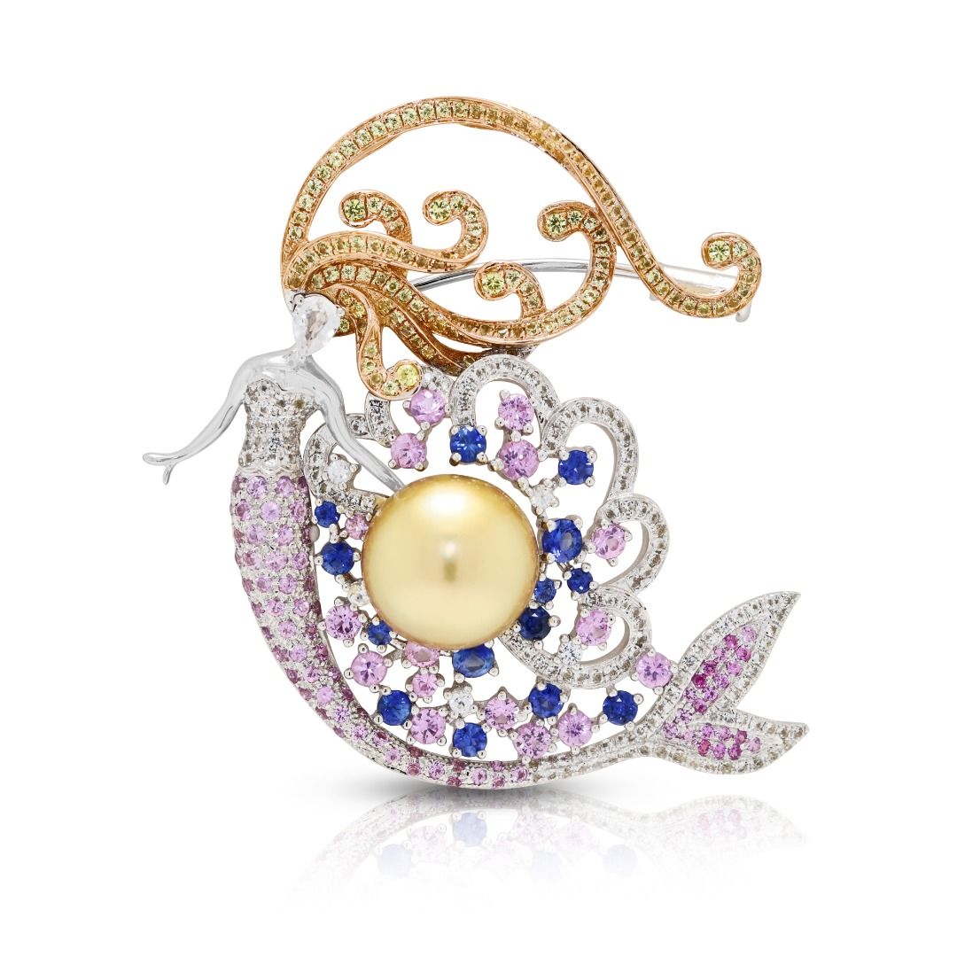 Enchanting 1.83ct Sapphire and South Sea Pearl Mermaid Pendant/Brooch in 18K Two-Tone Gold
