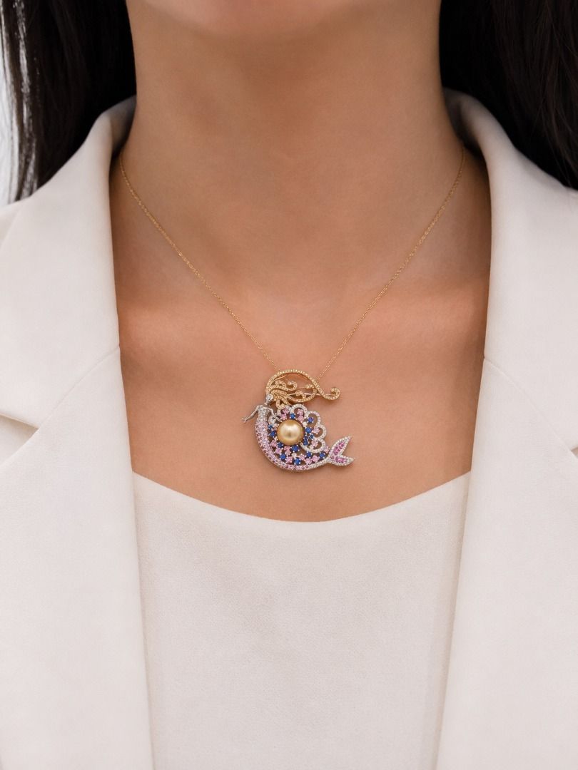 Enchanting 1.83ct Sapphire and South Sea Pearl Mermaid Pendant/Brooch in 18K Two-Tone Gold
