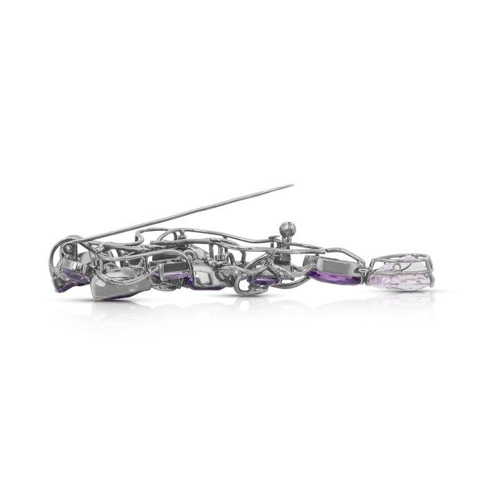 Enchanting 20.19ct Amethysts and Diamonds Brooch in 18k White Gold - IGI Certified