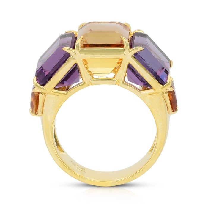 Enchanting 21.02ct Citrine, Amethysts, and Quartzs Ring in 18k Yellow Gold - IGI Certified