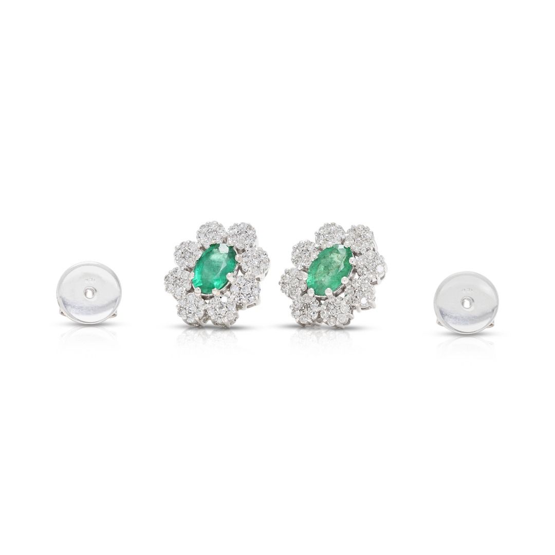 Exquisite 0.60ct Emerald and 0.56ct Natural Diamonds Floral Halo Stud Earrings in 18K White Gold with GCI Certificate