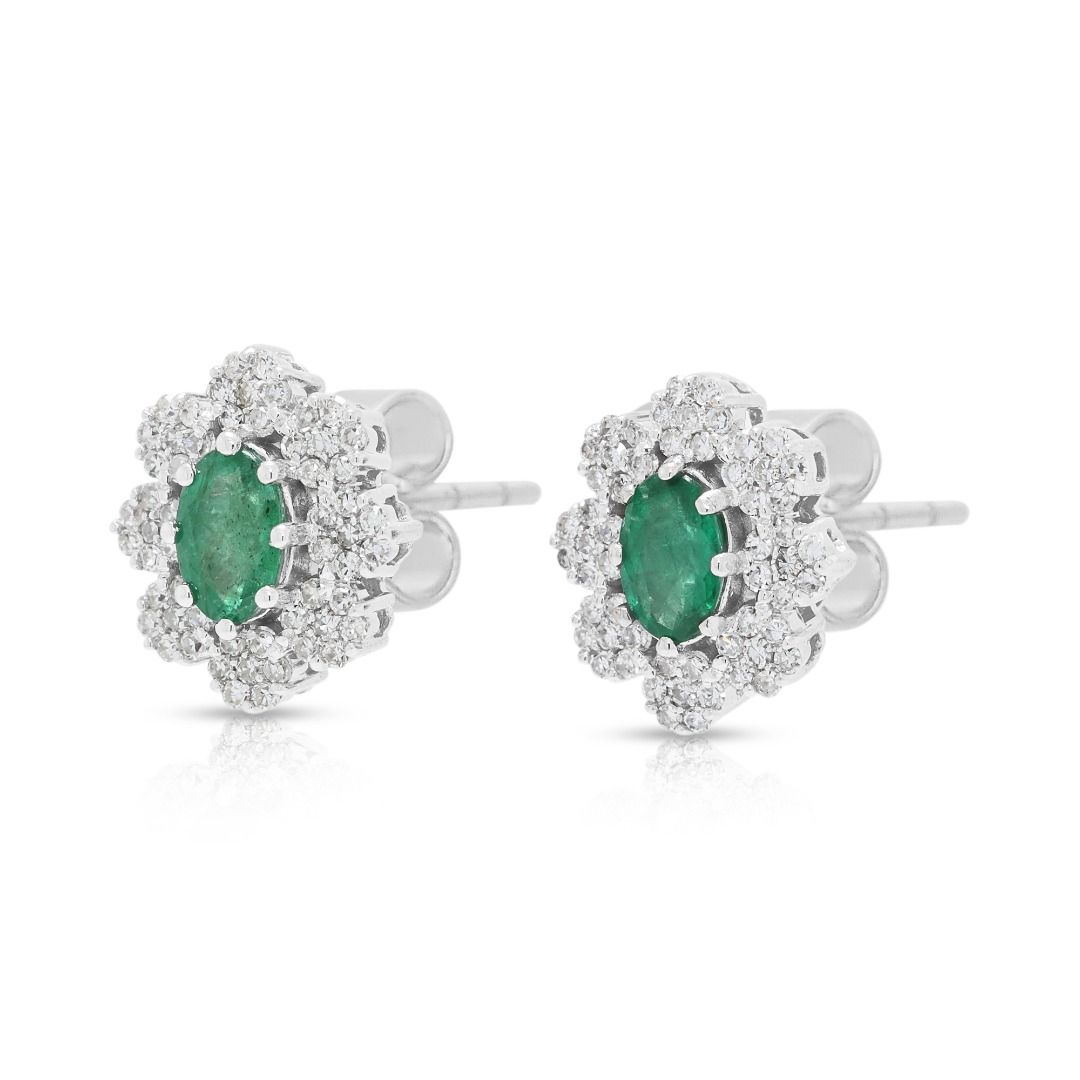 Exquisite 0.60ct Emerald and 0.56ct Natural Diamonds Floral Halo Stud Earrings in 18K White Gold with GCI Certificate