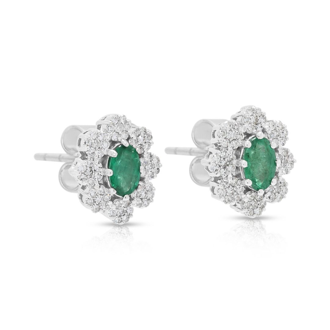 Exquisite 0.60ct Emerald and 0.56ct Natural Diamonds Floral Halo Stud Earrings in 18K White Gold with GCI Certificate