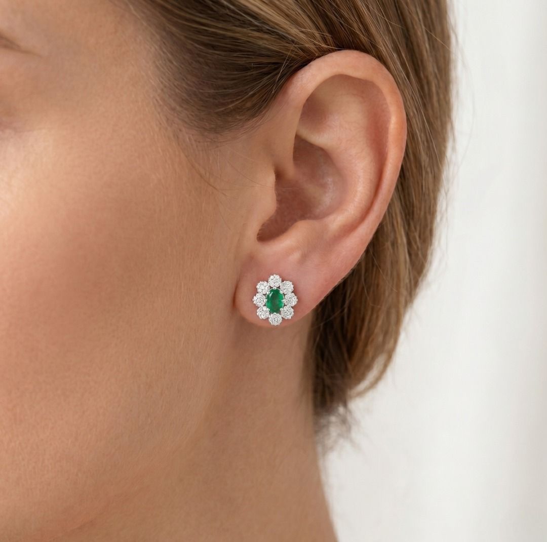 Exquisite 0.60ct Emerald and 0.56ct Natural Diamonds Floral Halo Stud Earrings in 18K White Gold with GCI Certificate