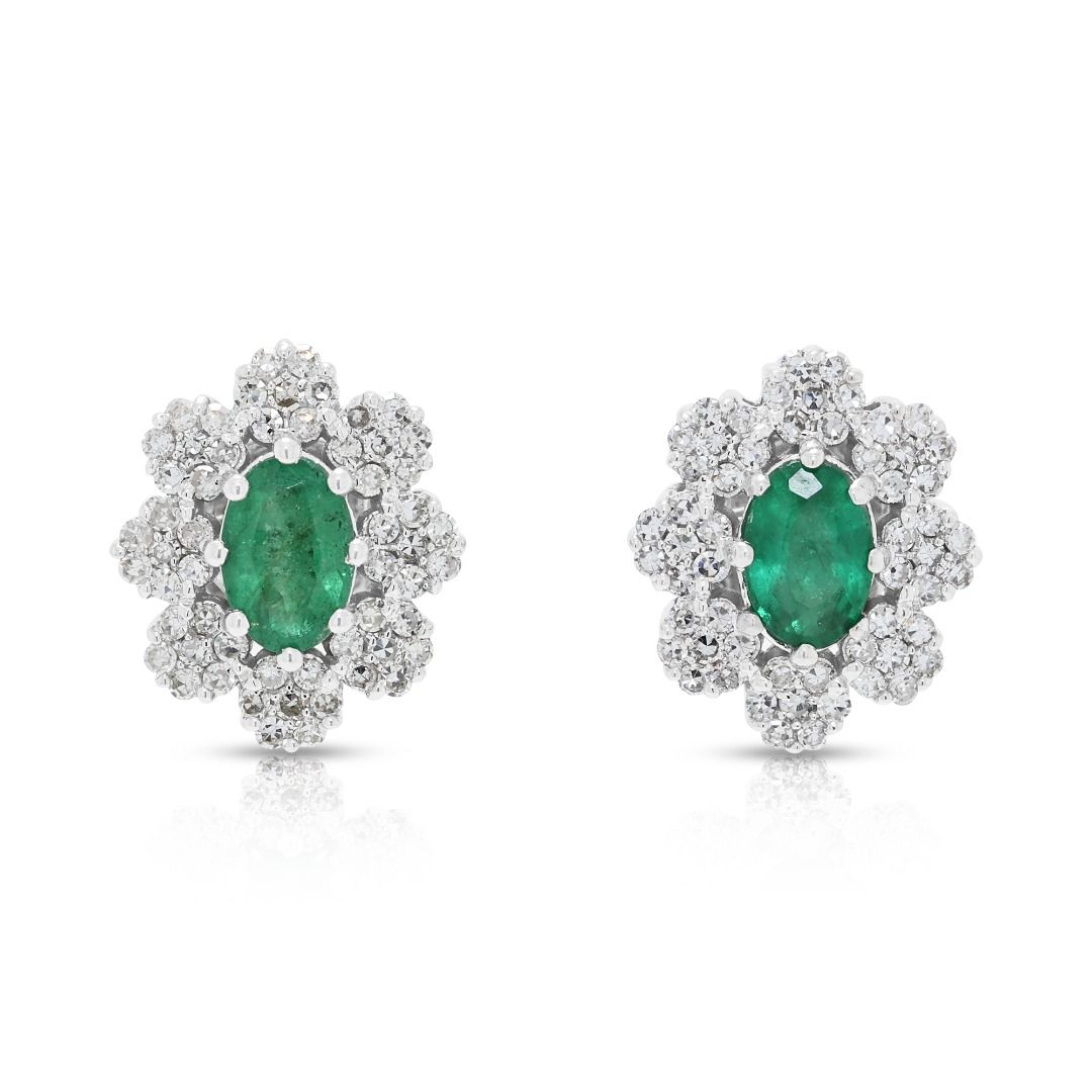 Exquisite 0.60ct Emerald and 0.56ct Natural Diamonds Floral Halo Stud Earrings in 18K White Gold with GCI Certificate
