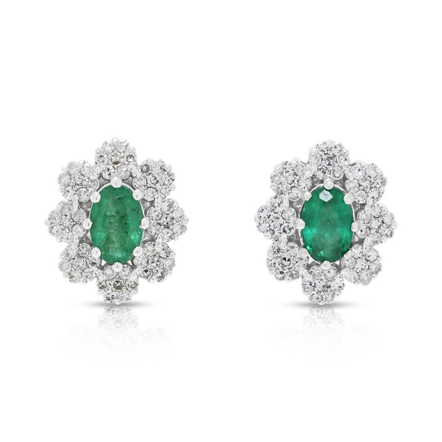 Exquisite 0.60ct Emerald and 0.56ct Natural Diamonds Floral Halo Stud Earrings in 18K White Gold with GCI Certificate