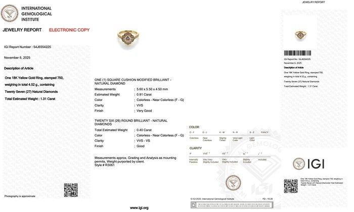 Exquisite 1.31ct Diamonds Halo Ring in 18k Yellow Gold - IGI Certified