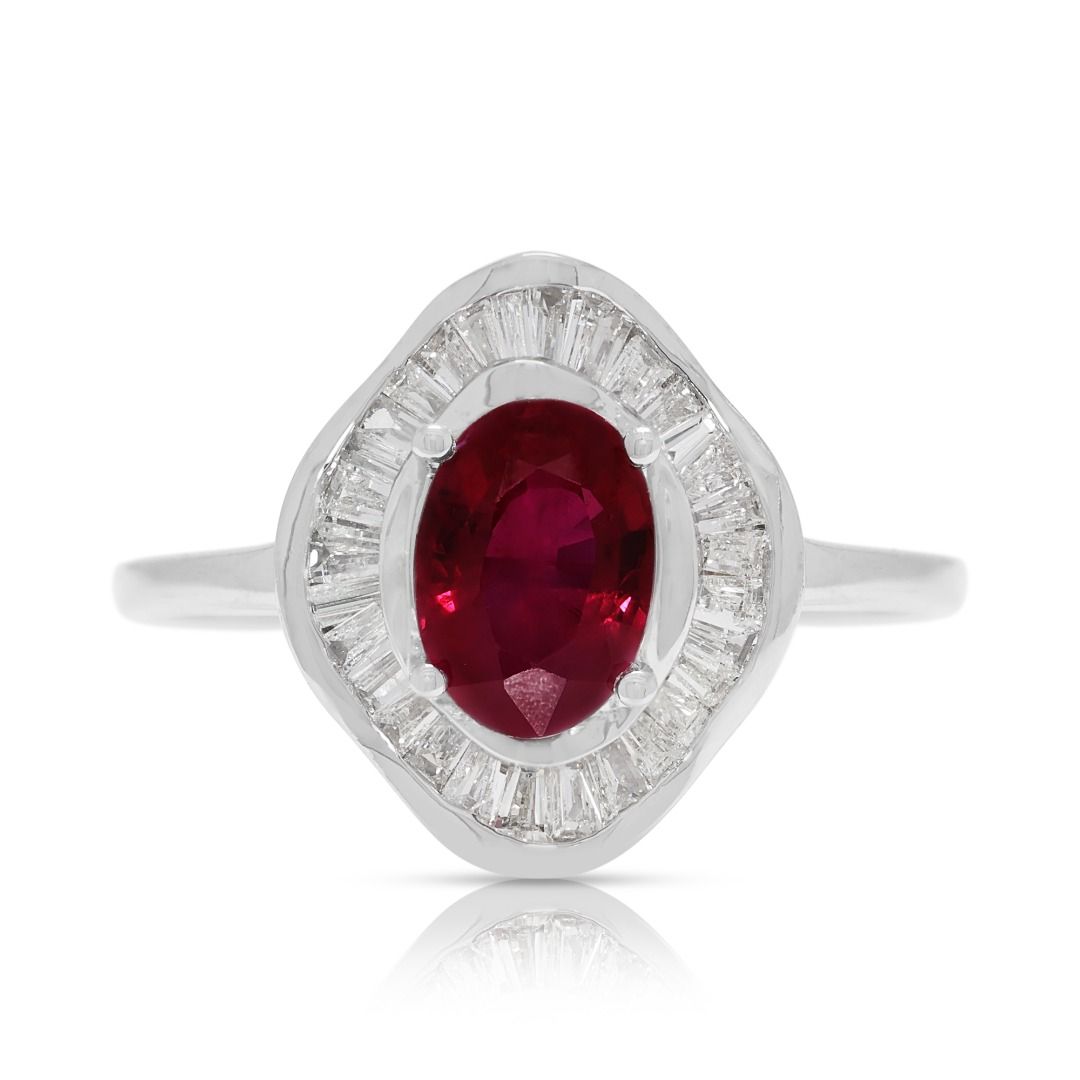 Exquisite 1.50ct Natural Ruby and Tapered Diamond 18k White Gold Ballerina Ring (New-unworn)