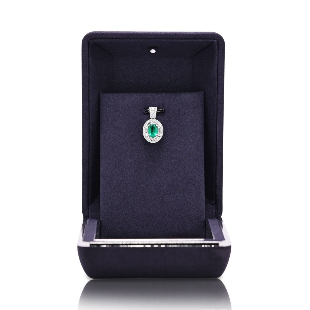 Exquisite 1.58ct Emerald and Diamond Architectural Halo Pendant in 18k White Gold (New and Unworn)