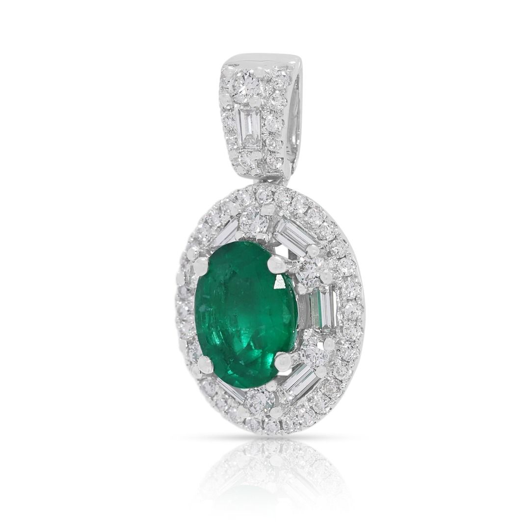 Exquisite 1.58ct Emerald and Diamond Architectural Halo Pendant in 18k White Gold (New and Unworn)