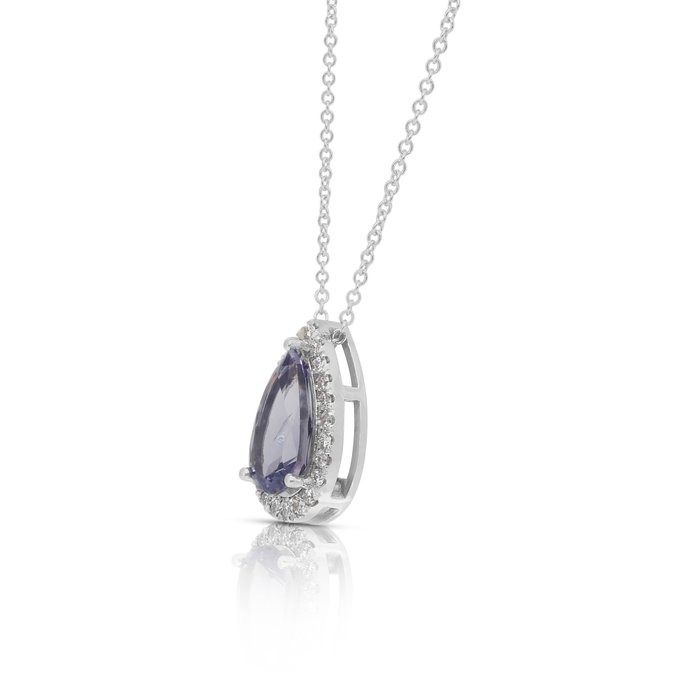 Exquisite 1.74ct Tanzanite and Diamonds Necklace with Halo Pendant in 18k White Gold - IGI Certified