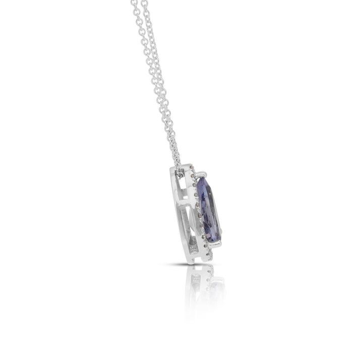 Exquisite 1.74ct Tanzanite and Diamonds Necklace with Halo Pendant in 18k White Gold - IGI Certified