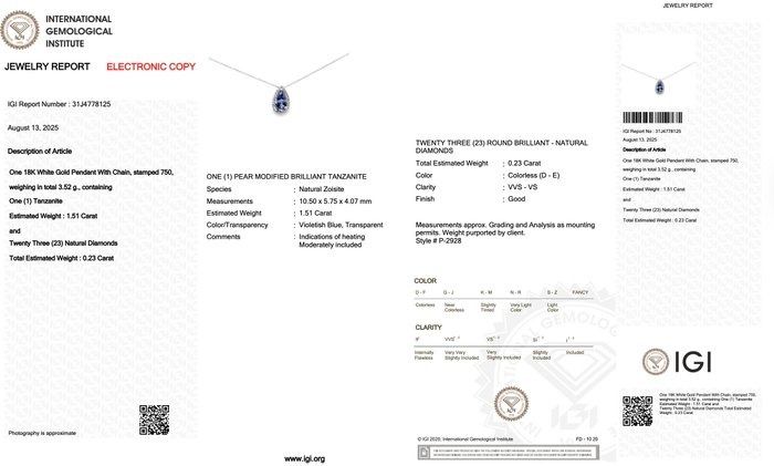 Exquisite 1.74ct Tanzanite and Diamonds Necklace with Halo Pendant in 18k White Gold - IGI Certified