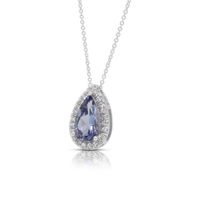 Exquisite 1.74ct Tanzanite and Diamonds Necklace with Halo Pendant in 18k White Gold - IGI Certified