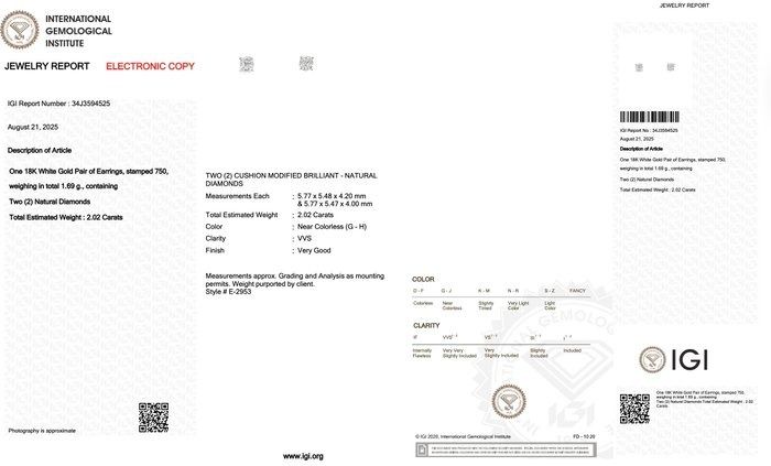 Exquisite 2.02ct Diamonds Stud Earrings in 18k White Gold - IGI Certified