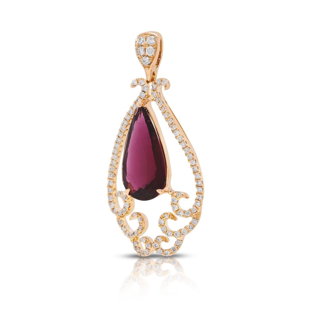 Exquisite 2.23ct Rubellite Tourmaline and 0.26ct Natural Diamond Pendant 18K Rose Gold