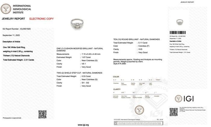 Exquisite 2.31ct Diamonds 3-Stone Ring in 18k White Gold - IGI Certified