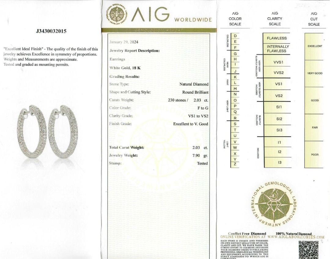 Exquisite 2 carat and 3 points Hoop Diamond Earrings set in 18K White Gold - AIG Certified